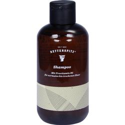 Dunkle Shampoo-Flasche mit Text für normales bis trockenes Haar.