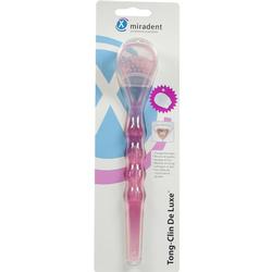 Ein Zungenreiniger in einer rosa und blauen Verpackung.