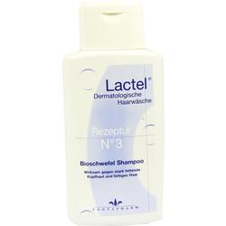 Weiße Shampooflasche mit der Aufschrift "Lactel Bioschwefel Shampoo".