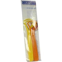 Zwei Zungenreiniger in den Farben Gelb und Orange in einer Plastikverpackung.