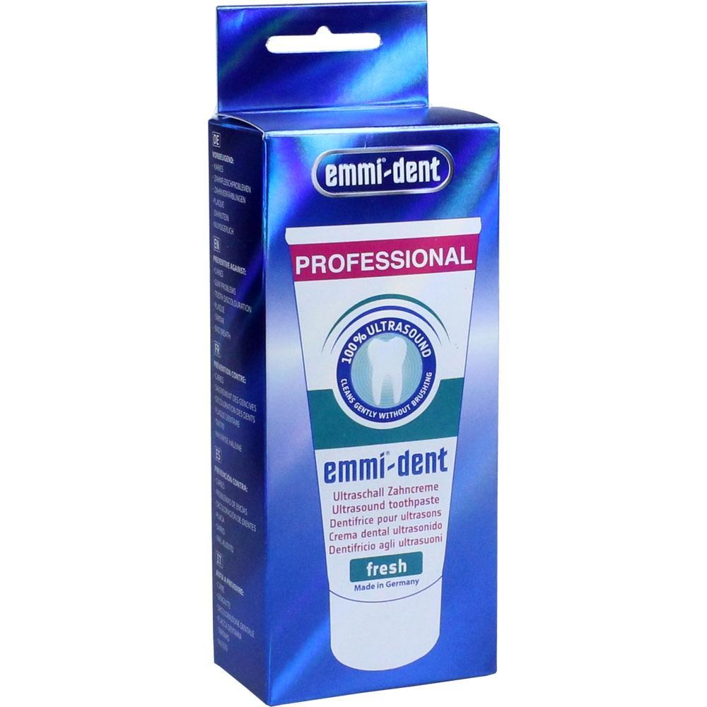 Eine blaue Verpackung mit einer Tube Ultraschall-Zahnpasta der Marke Emmi-Dent.