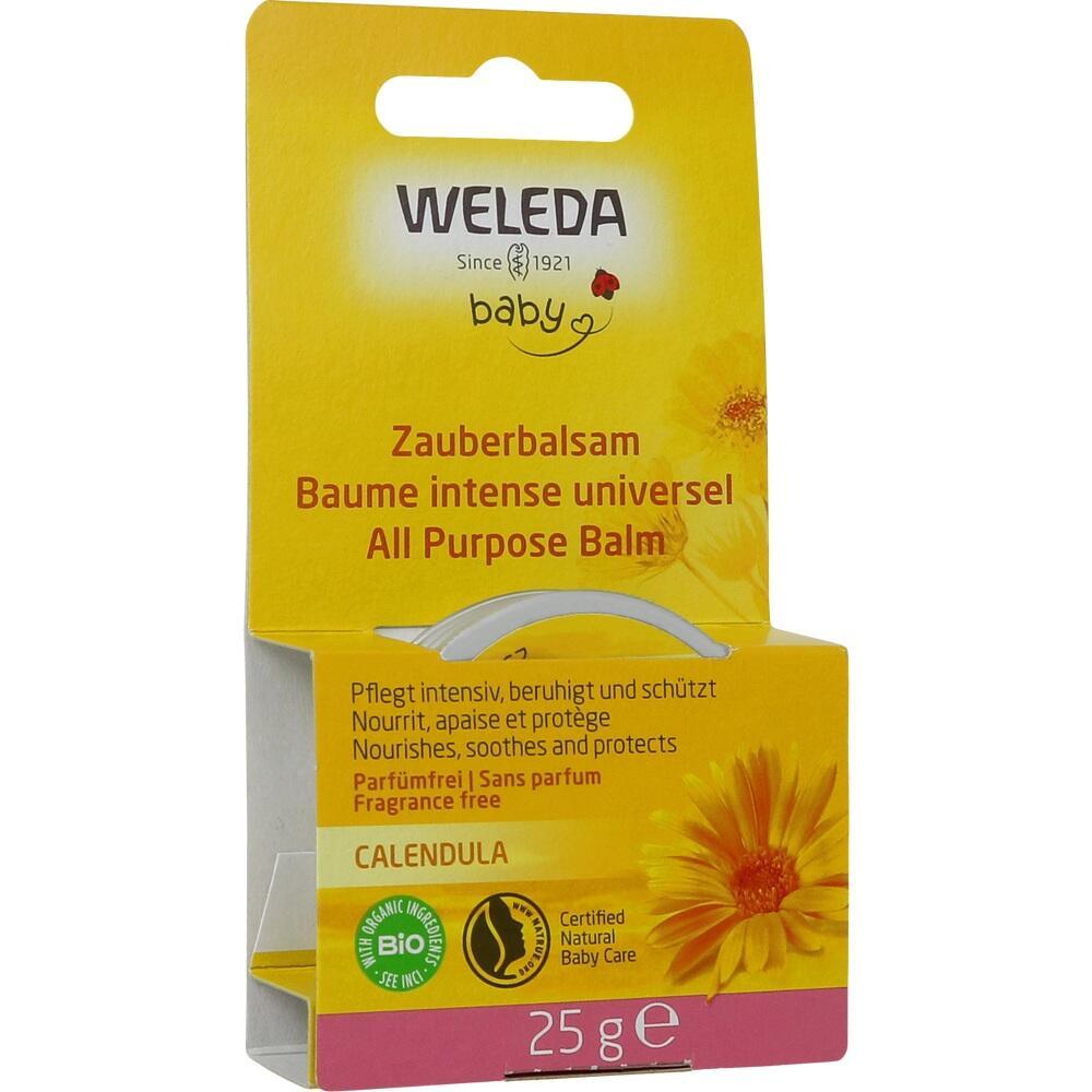 Gelbe Verpackung eines parfümfreien Baby-Balsams von Weleda mit Ringelblume.